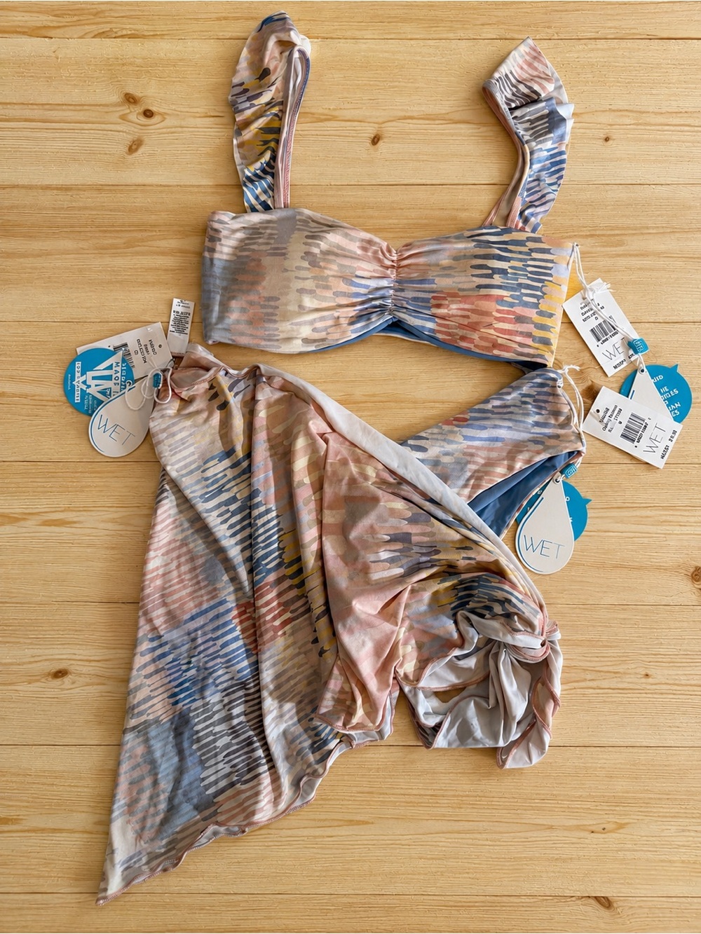WET Swimwear Reflection Bikini Set Medium NWT Ruched Top Bottom Sarong 3 Piece